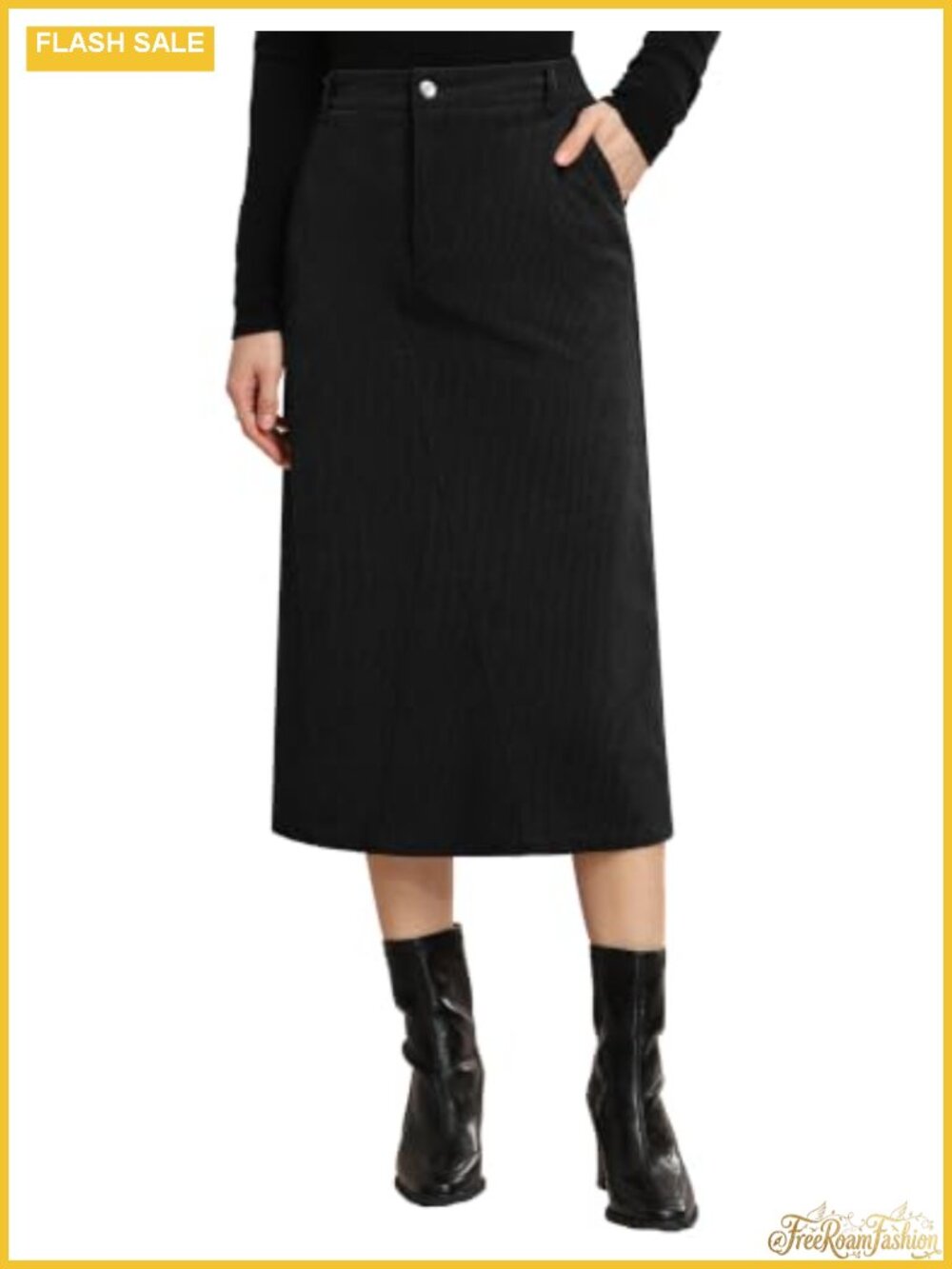 Corduroy Midi Skirt High Waist Slit Pockets Fall Office Casual